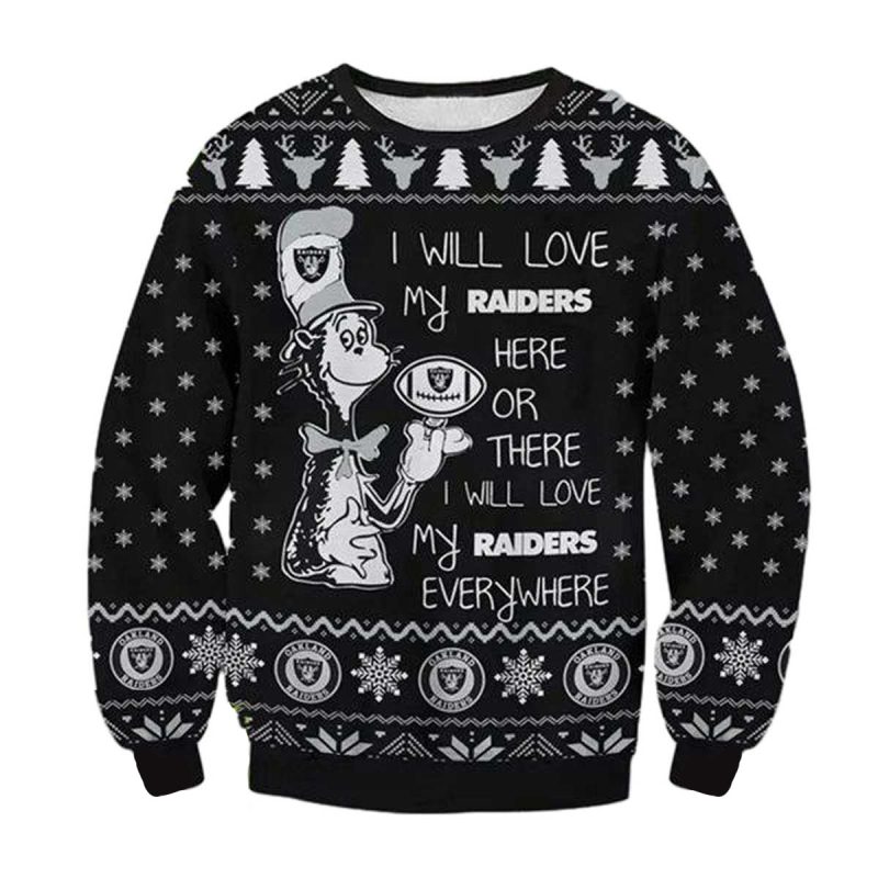 Las Vegas Raiders Dr Seuss I Will Love My Raiders Everywhere For Ugly Christmas Sweater 1