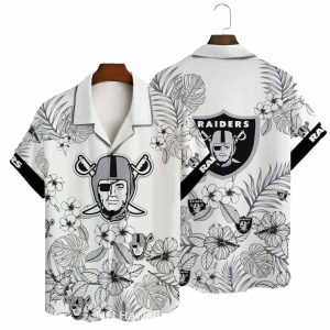 Las Vegas Raiders Floral Sketch White Aloha Hawaiian Shirt