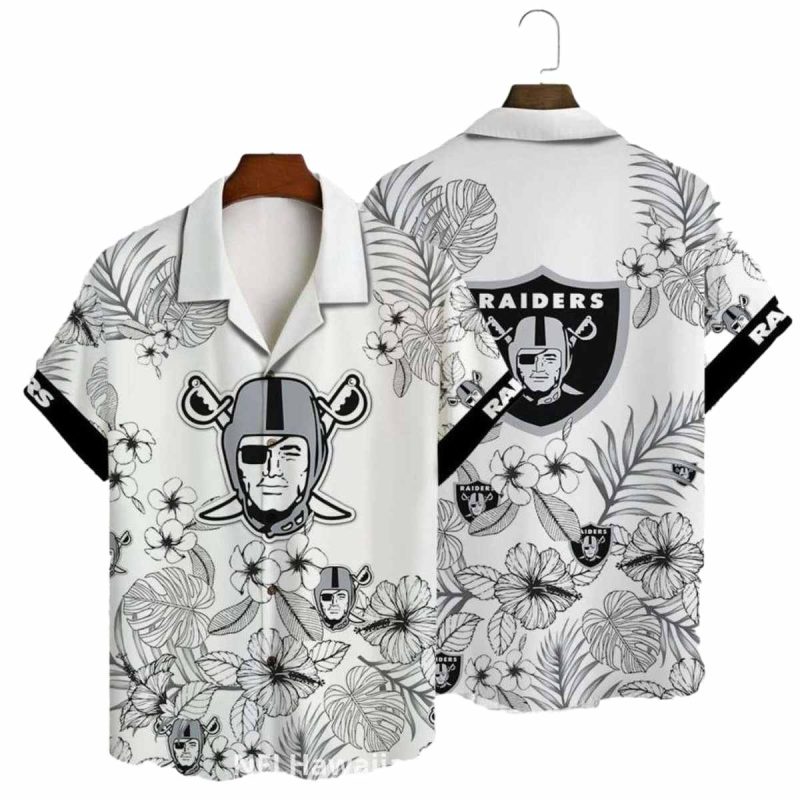 Las Vegas Raiders Floral Sketch White Aloha Hawaiian Shirt 1