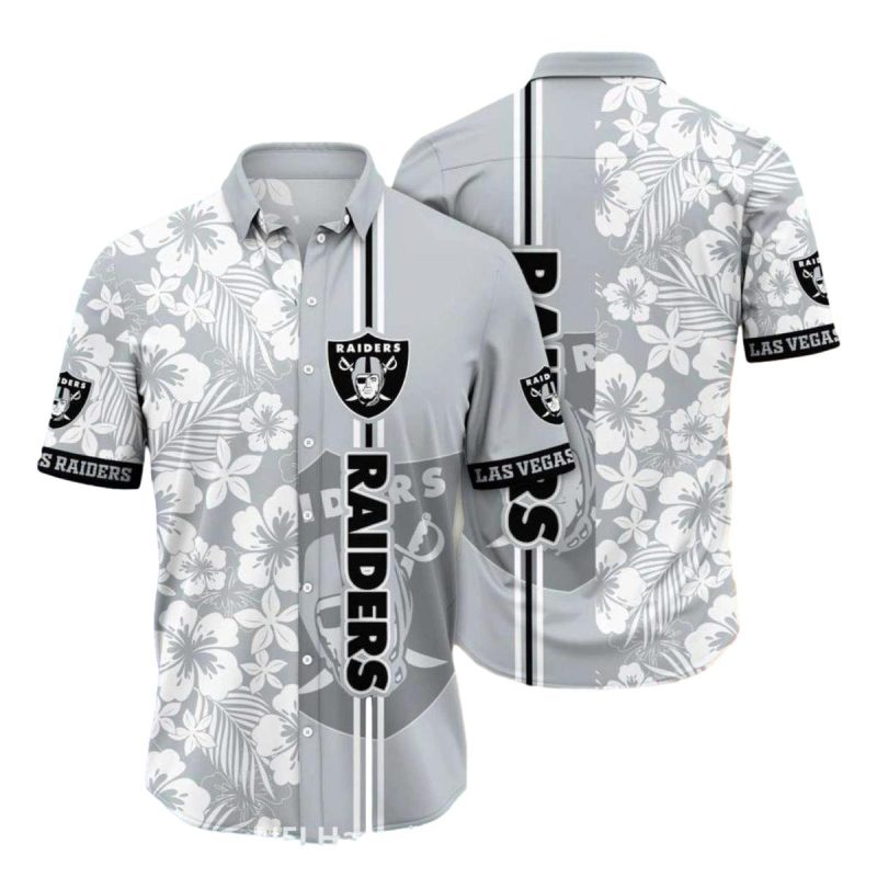 Las Vegas Raiders Gray Floral With Vertical Stripe Hawaiian Shirt 1