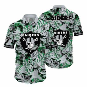 Las Vegas Raiders Green And Black Tropical Leaf Pattern Hawaiian Shirt