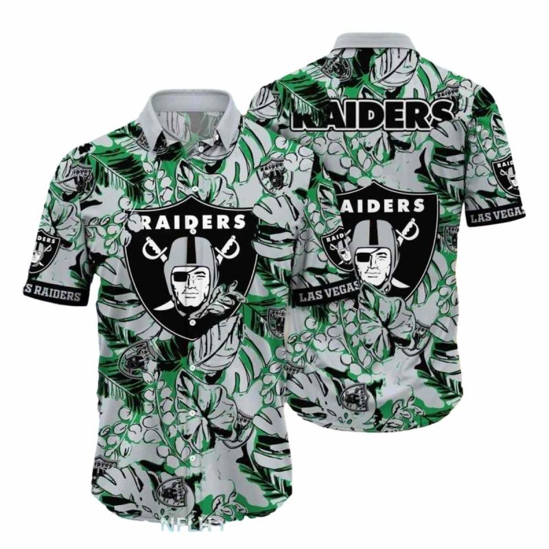 Las Vegas Raiders Green And Black Tropical Leaf Pattern Hawaiian Shirt 1