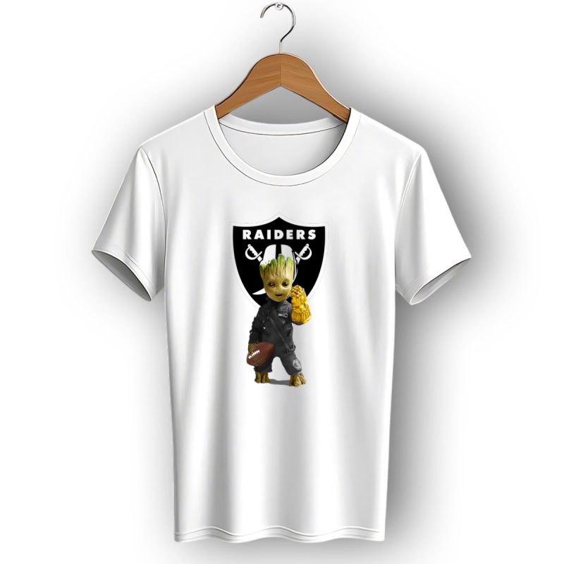 Las Vegas Raiders Groot Holding Football With Gauntlet In Front Of Raiders T Shirt 1 T Shirt 1