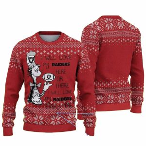Las Vegas Raiders I Will Love My Raiders Here Or There Snowflake Red Pattern Ugly Sweater