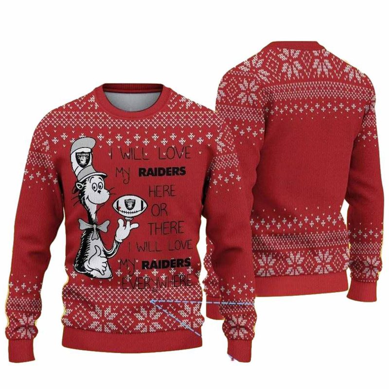 Las Vegas Raiders I Will Love My Raiders Here Or There Snowflake Red Pattern Ugly Sweater 1