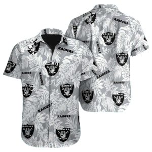 Las Vegas Raiders Logo And Gray Tropical Leaves Hawaiian Shirt