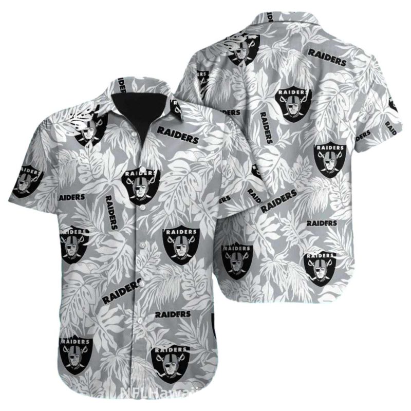 Las Vegas Raiders Logo And Gray Tropical Leaves Hawaiian Shirt 1