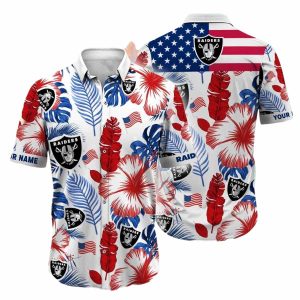 Las Vegas Raiders Logo And Red Hibiscus Floral Pattern Hawaiian Shirt