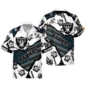 Las Vegas Raiders Logo Hibiscus And Us Flag Pattern Hawaiian Shirt
