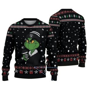 Las Vegas Raiders Red And White Snowflake Patterns Featuring Grinch Holding Coffee Cup Ugly Sweater