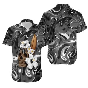 Las Vegas Raiders Skull Flowers And Surfboard Hawaiian Shirt
