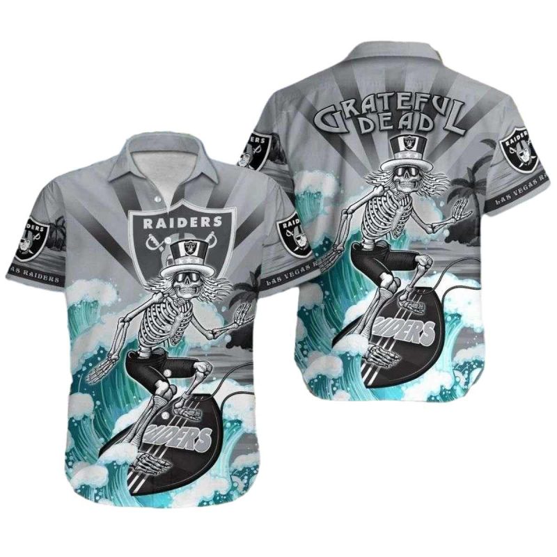 Las Vegas Raiders Surfing Skeleton Grateful Dead Hawaiian Shirt 1