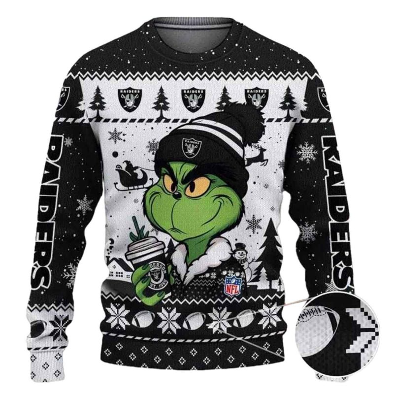 Las Vegas Raiders The Grinch Drink Coffee Ugly Christmas Sweater 1