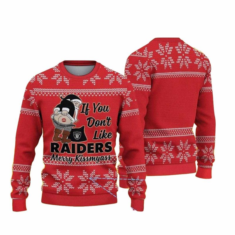 Las Vegas Raiders F You Dont Like Raiders Merry Kissmyass Red Pattern Ugly Sweater 1