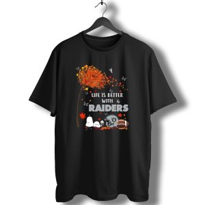 Life Is Better With Raiders Autumn Leaves And Snoopy Under Tree With Butterfly And Football Helmet T-Shirt