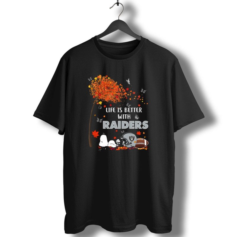 Life Is Better With Raiders Autumn Leaves And Snoopy Under Tree With Butterfly And Football Helmet T Shirt 1 T Shirt 1