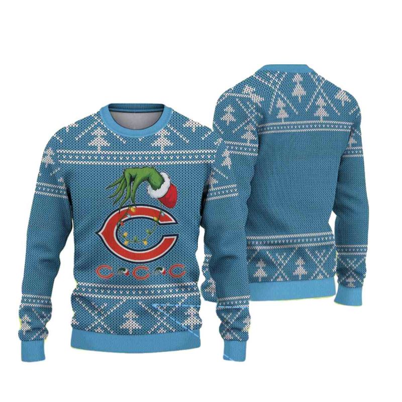 Light Blue And White Christmas Tree Knit Grinch Hand Chicago Bears Logo Ugly Sweater 1