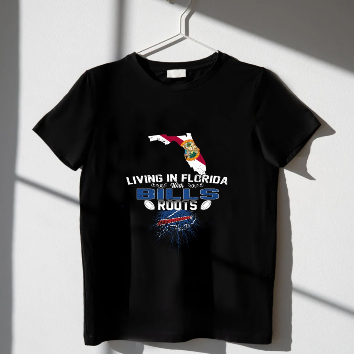 Living-In-Florida-With-Buffalo-Bills-Football-Roots-And-Florida-State-Map-T-Shirt-1_t-shirt-3_4