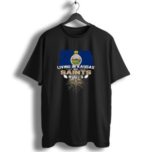 Living In Kansas With Saints Roots Kansas Map State Seal Fleur De Lis Football Elements T Shirt