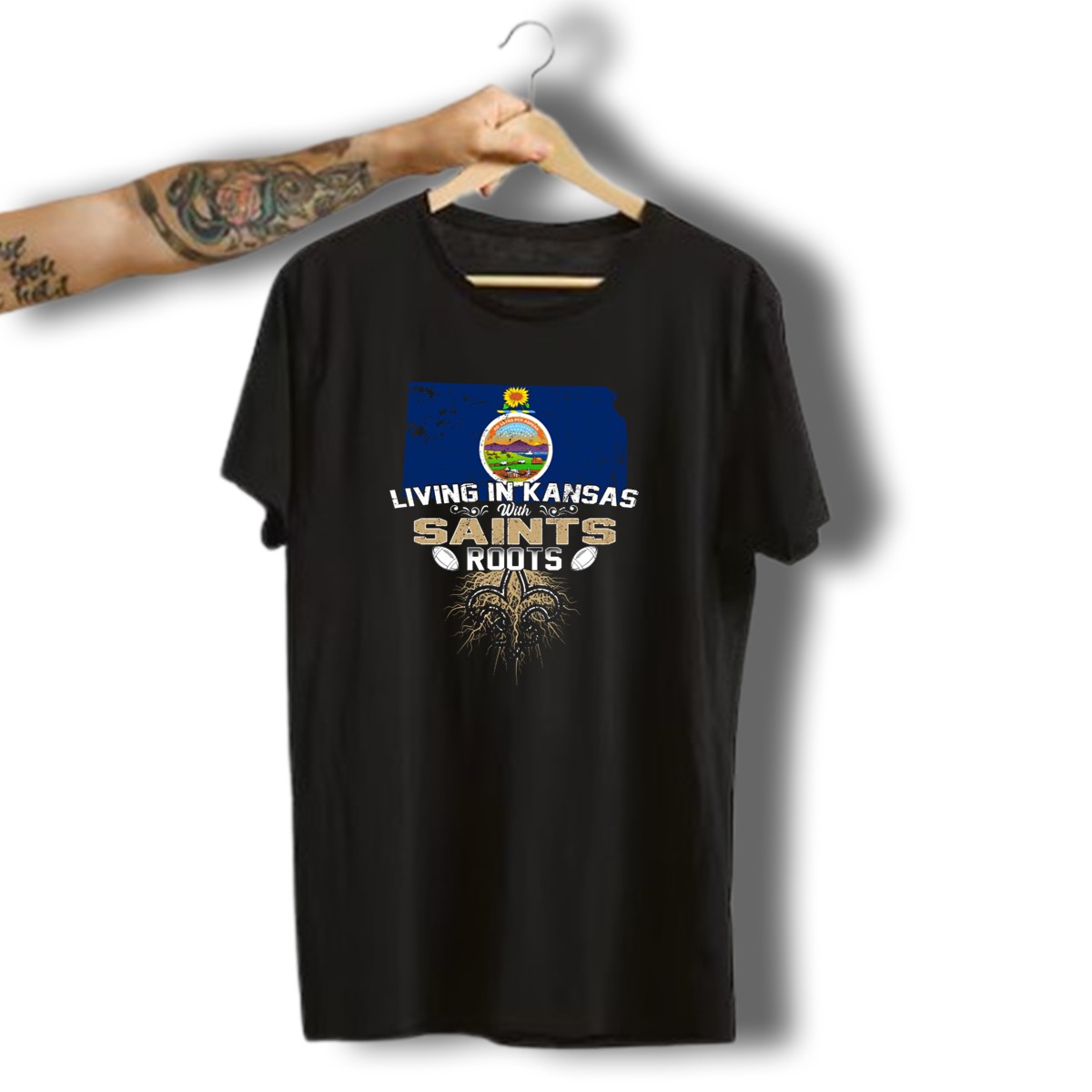 Living-In-Kansas-With-Saints-Roots-Kansas-Map-State-Seal-Fleur-De-Lis-Football-Elements-T-Shirt-1_t-shirt-3_4
