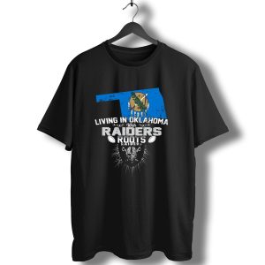 Living In Oklahoma With Raiders Roots Oklahoma Map And Football Elements T-Shirt
