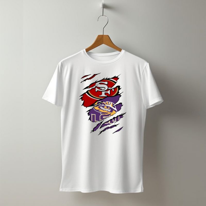 Lsu Tigers And San Francisco 49Ers Logos On Torn Background T Shirt T Shirt 1