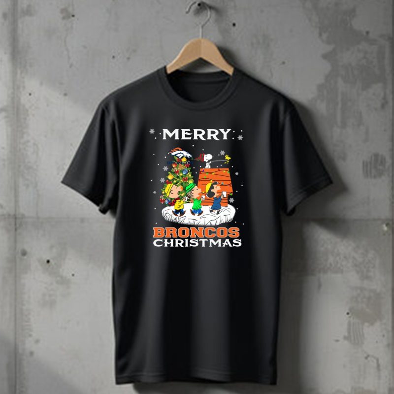 Merry Broncos Christmas For Snoopy Fans With Denver Broncos Logo And Peanuts Characters T Shirt 1 T Shirt 1
