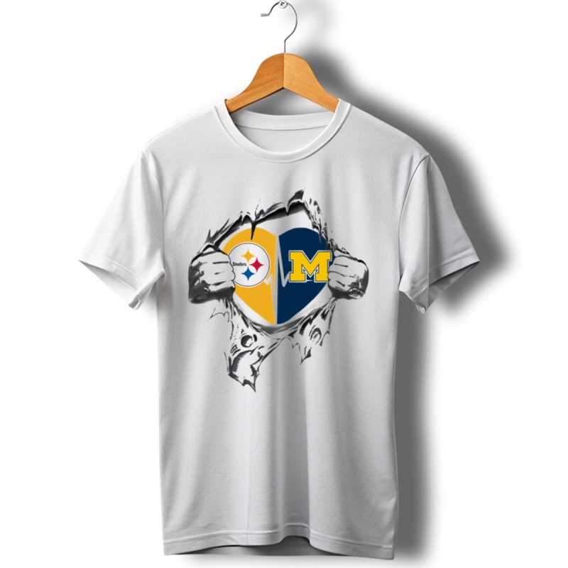 Michigan Wolverines Heartbeat Pittsburgh Steelers Logo Fusion T Shirt 1 T Shirt 1