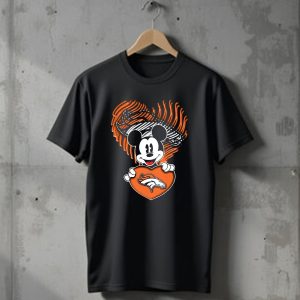 Mickey Mouse Holding Denver Broncos Logo Heart With Bronco Horse Outline T-Shirt