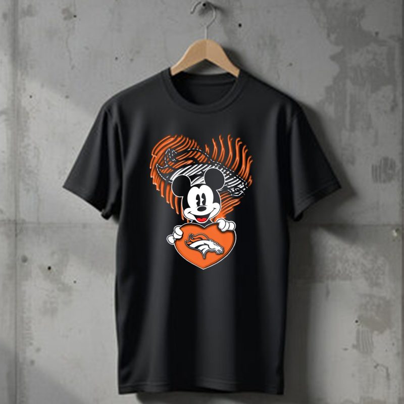 Mickey Mouse Holding Denver Broncos Logo Heart With Bronco Horse Outline T Shirt 1 T Shirt 1