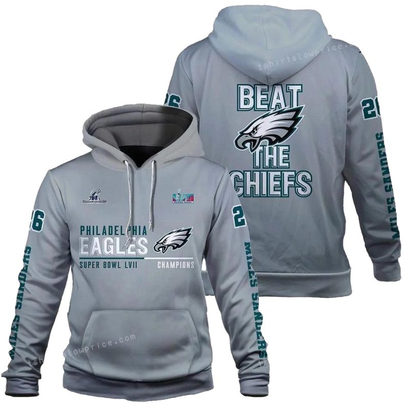 Miles Sanders 26 Beat The Chiefs Philadelphia Eagles Super Bowl Champion 2023 Custom 3D Hoodie 1