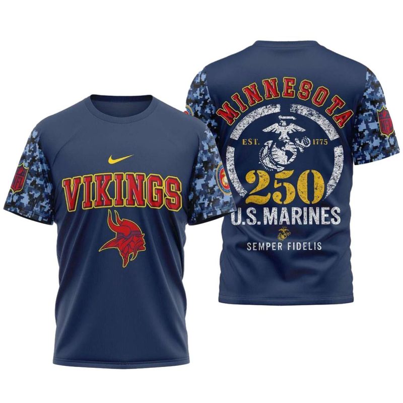 Minnesota Vikings 250Th Anniversary Of The United States Marine Corps Aop T Shirt 1