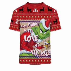 Minnesota Vikings And Grinch Christmas Ugly Sweater Style AOP T Shirt