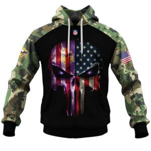 Minnesota Vikings Army Camouflage American Flag Punisher Skull AOP Hoodie