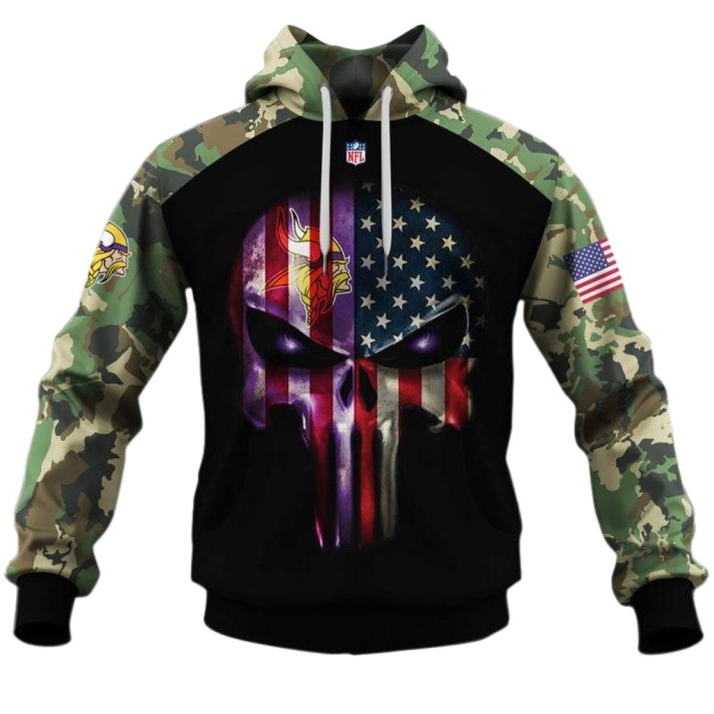 Minnesota Vikings Army Camouflage American Flag Punisher Skull Aop Hoodie 1