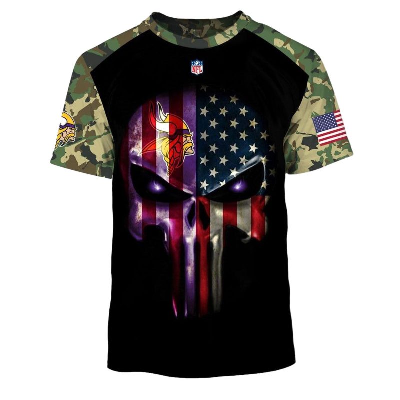 Minnesota Vikings Army Camouflage American Flag Punisher Skull Aop T Shirt 1