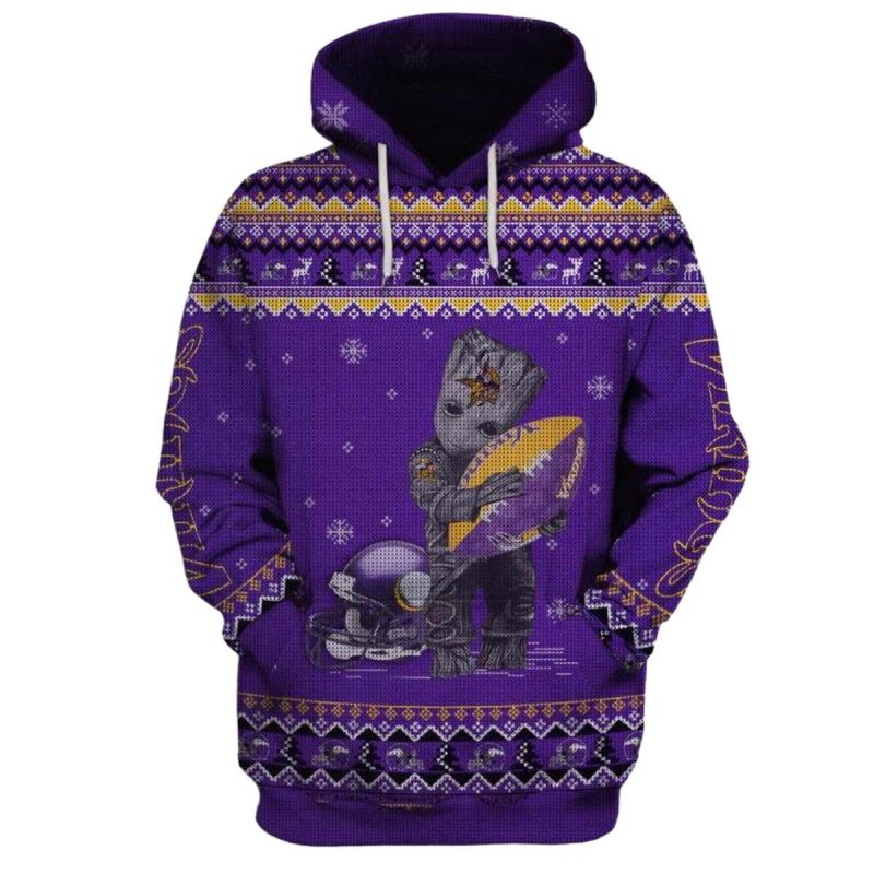 Minnesota Vikings Baby Groot Hug Ball Ugly Christmas Aop Hoodie 1