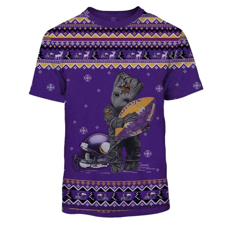Minnesota Vikings Baby Groot Hug Logo Purple Aop T Shirt 1
