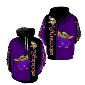 Minnesota Vikings Baby Yoda Black And Purple AOP Hoodie