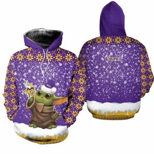 Minnesota Vikings Baby Yoda Christmas Pattern AOP Hoodie