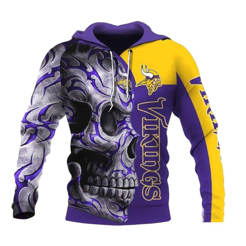 Minnesota Vikings Big Vikings Team Tribal Skull Aop Hoodie 1