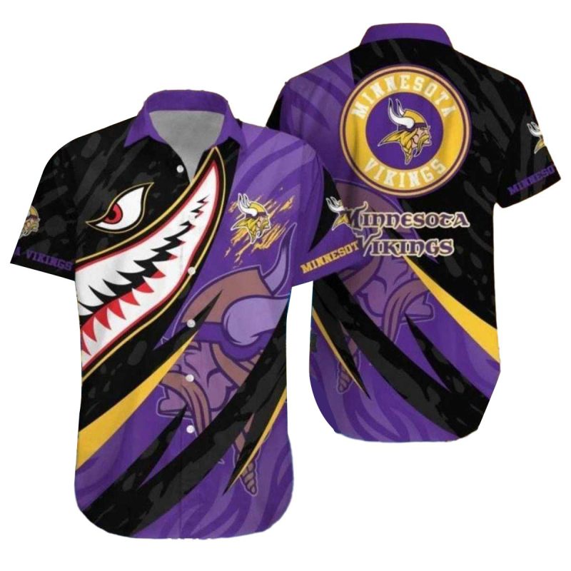 Minnesota Vikings Bold Shark Graphic Black And Purple Hawaiian Shirt 1
