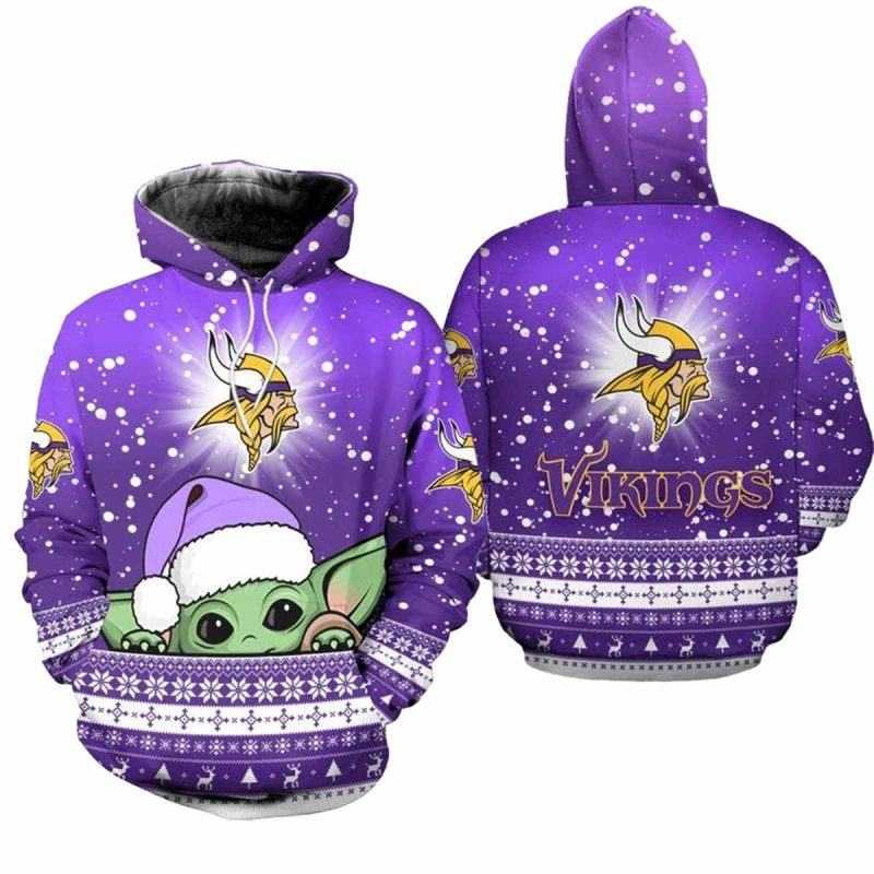 Minnesota Vikings Christmas Baby Yoda Aop Hoodie 1