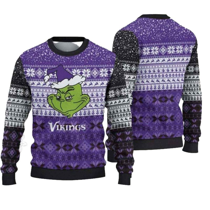 Minnesota Vikings Christmas Grinch Face Funny Ugly Sweater 1