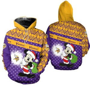 Minnesota Vikings Christmas Mickey With Santa Hat AOP Hoodie