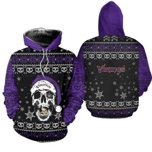 Minnesota Vikings Christmas Reindeer Skull Santa Claus AOP Hoodie