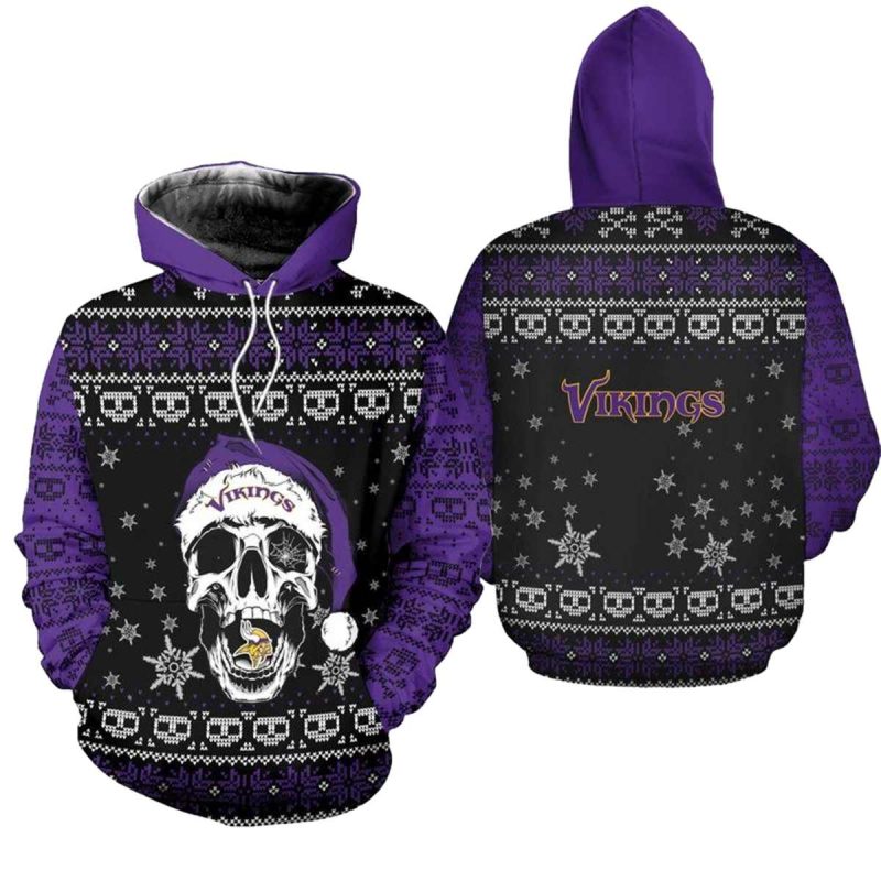 Minnesota Vikings Christmas Reindeer Skull Santa Claus Aop Hoodie 1