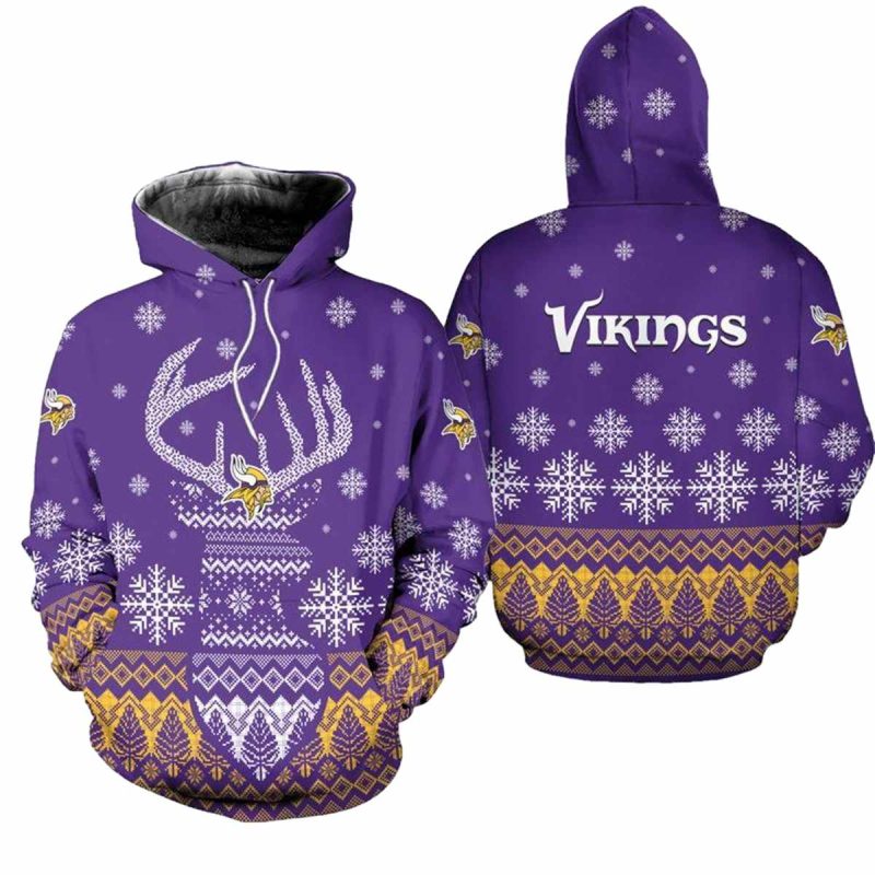 Minnesota Vikings Christmas Reindeer Ugly Aop Hoodie 1