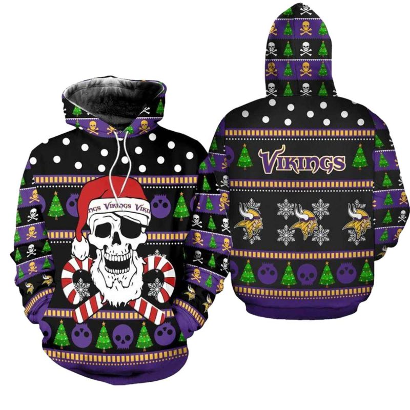 Minnesota Vikings Christmas Santa Skull Patterns Aop Hoodie 1