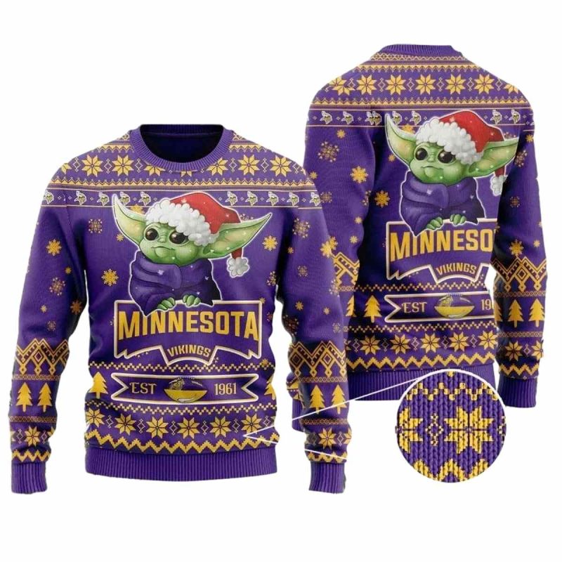 Minnesota Vikings Cute Baby Yoda Grogu Holiday Party Ugly Sweater 1